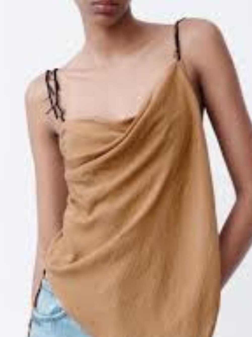NWT Zara Open Back Beaded Strap Draped Cowl Neck Top, Tan/Brown – Size Large